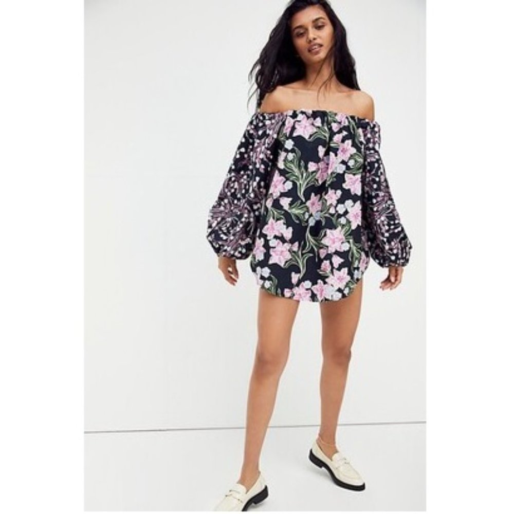 Free People Black Floral Off-Shoulder Tunic with Pink Flowers